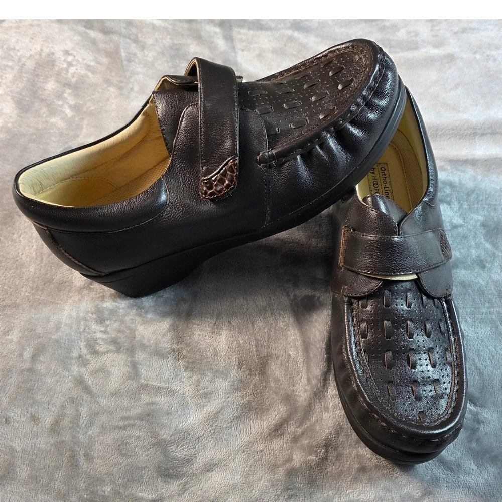 Hoopoe Dahlia Loafers Womens 11 Wide Brown‎ Leather Velcro Wedge Ortho-Line NEW